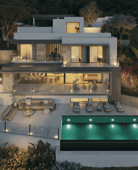 Moderne Villa in Pinares de San Antón Málaga mit Meerblick, Terrassen und elegantem Design.