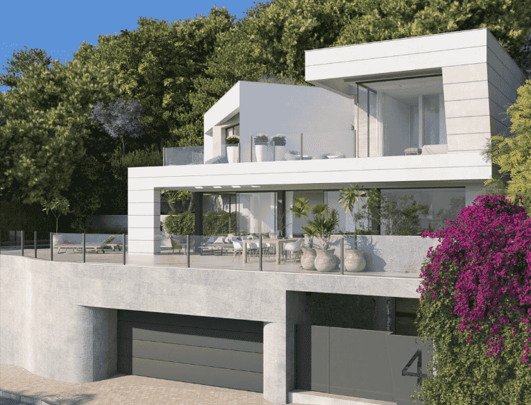 Moderne Villa in Pinares Hills Málaga mit Infinity-Pool, Terrassen und Panoramablick aufs Meer.