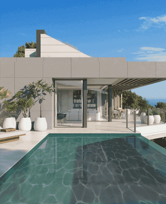 Moderne Luxusvilla in Pinares Hills Málaga mit Infinity-Pool und Panoramablick aufs Meer.